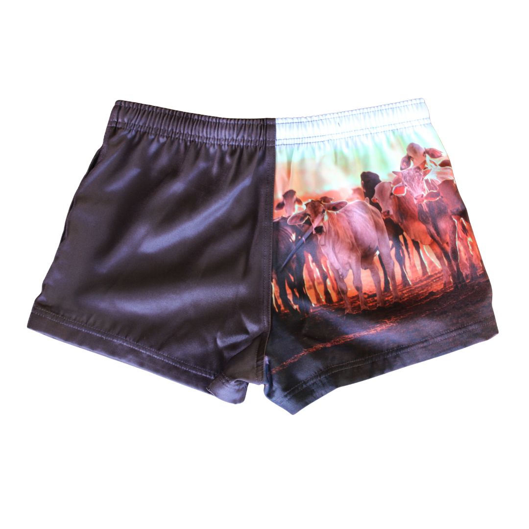 Footy Shorts (with Zip Pockets) - Brown & Cattle Country
