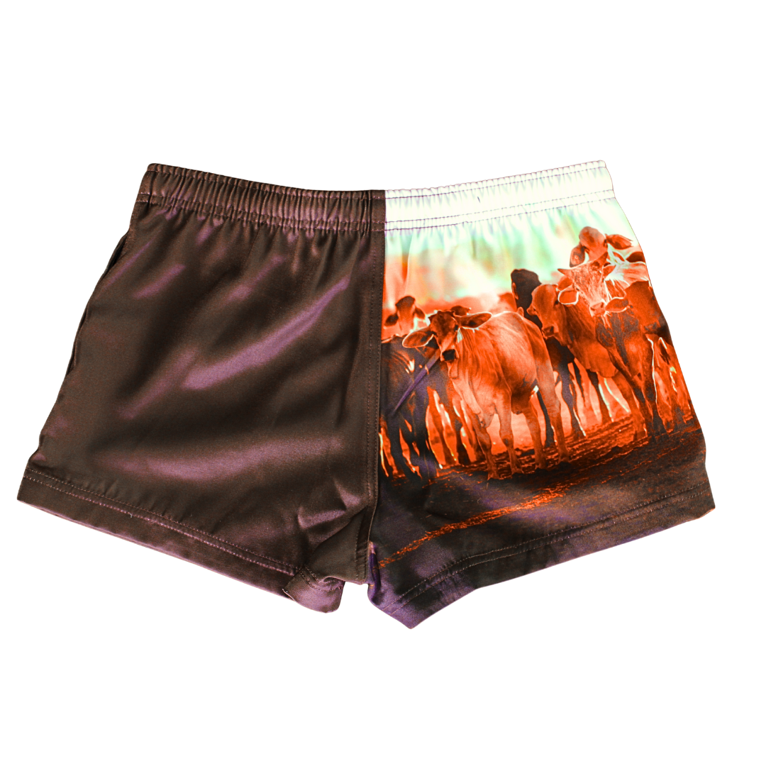 Footy Shorts (with Zip Pockets) - Brown & Cattle Country