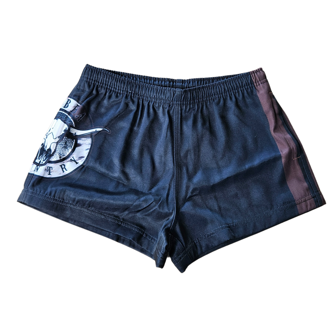 cobba_country_footy_shorts_zip_pockets_cowhide_brown_pattern.jpg