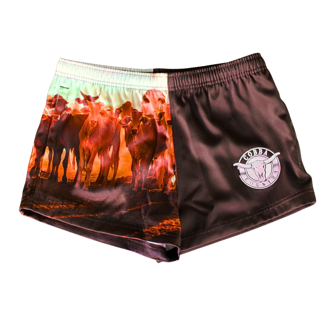 Footy Shorts (with Zip Pockets) - Brown & Cattle Country