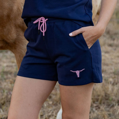 Womens navy loungewear shorts with pink drawstring and embroidered pink longhorn, heavyweight cotton blend by Cobba Country