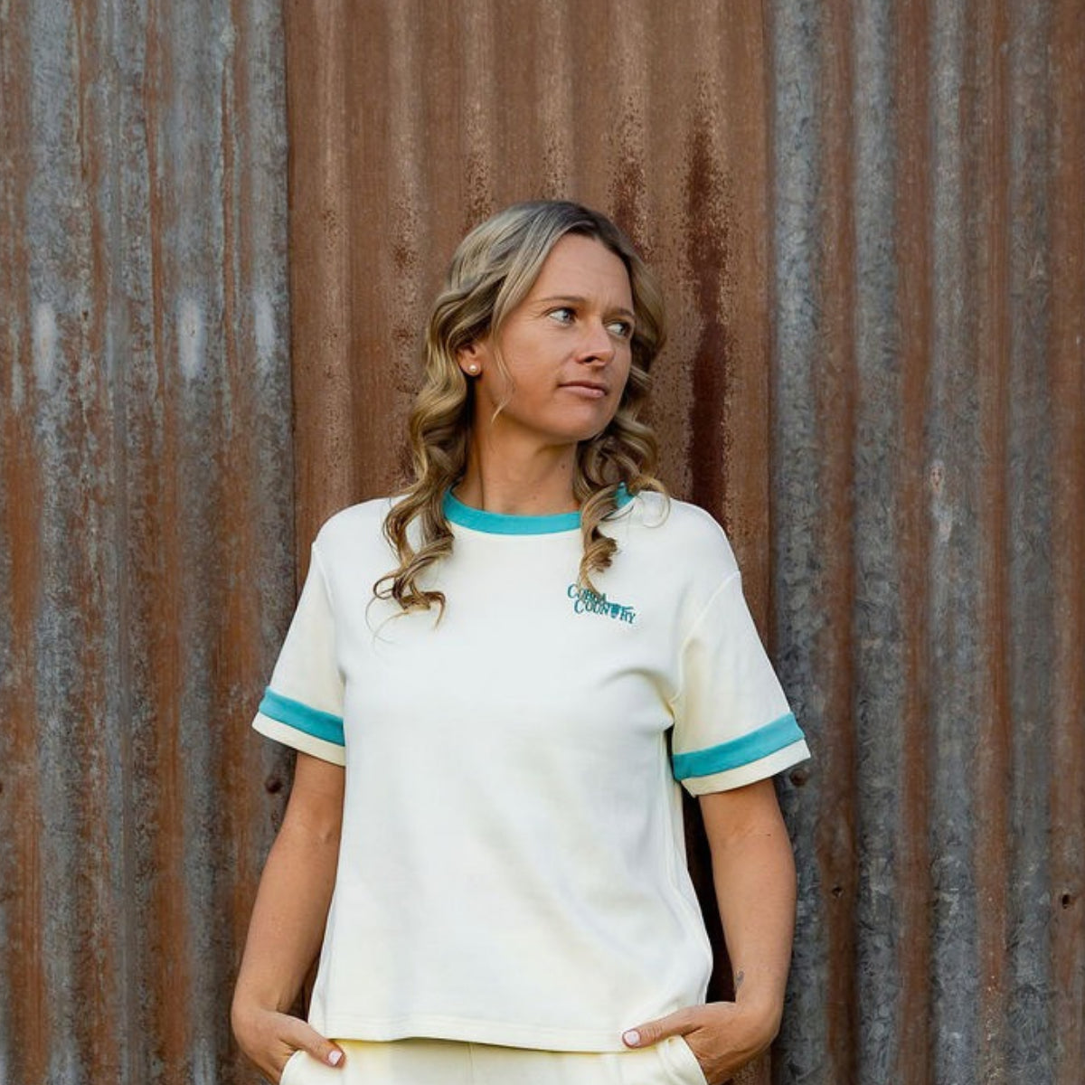 Womens cream and blue loungewear tee, heavyweight cotton blend crew neck with turquoise collar and sleeve trim and embroidered Cobba Country logo