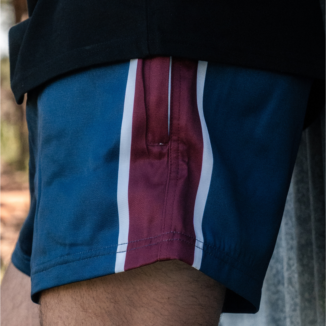 Footy Shorts (with Zip Pockets) - Navy & Maroon